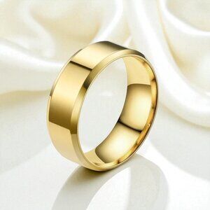Gold Polished Stainless Steel Beveled Band Ring